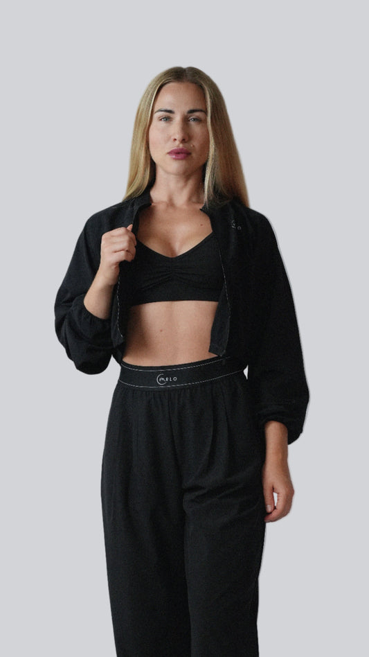 Black LightLayer Zip Jacket, lightweight cropped zip-front activewear – MELO Studio