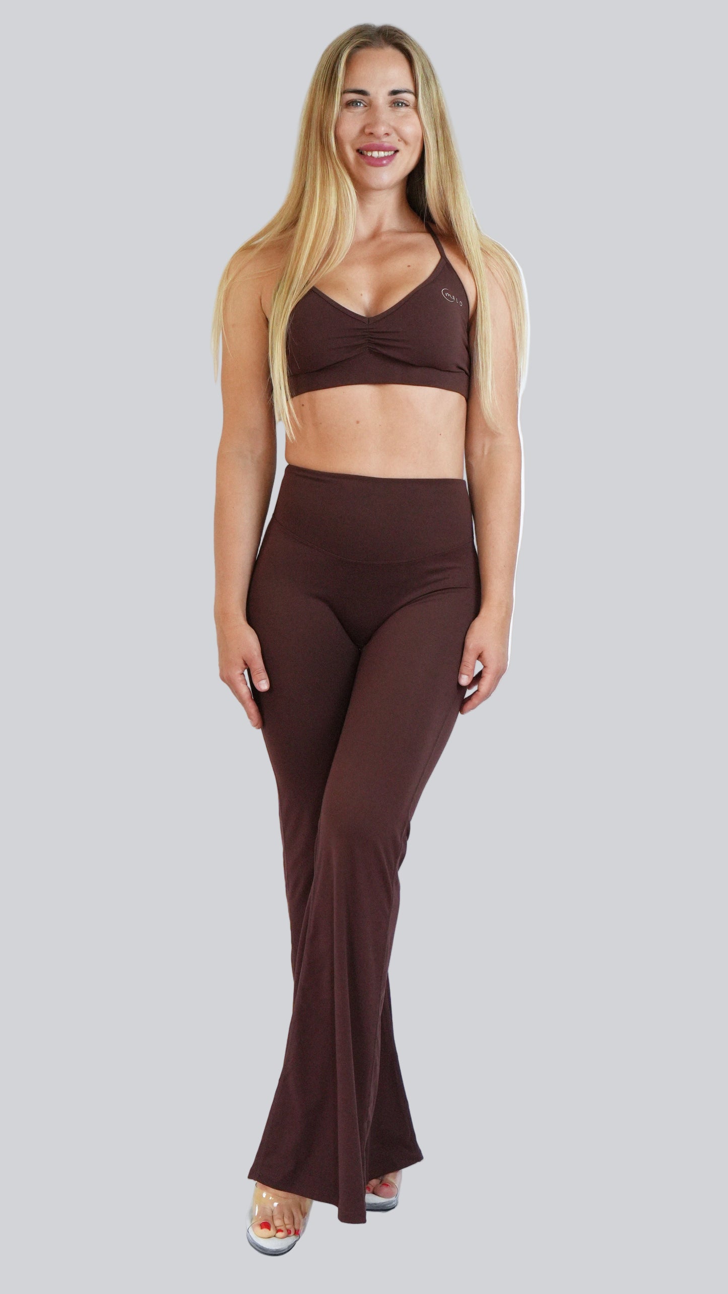 Mocha Brown Serène High-Waist Flared Leggings, flared high-waistedleggings for yoga - MELO Studio