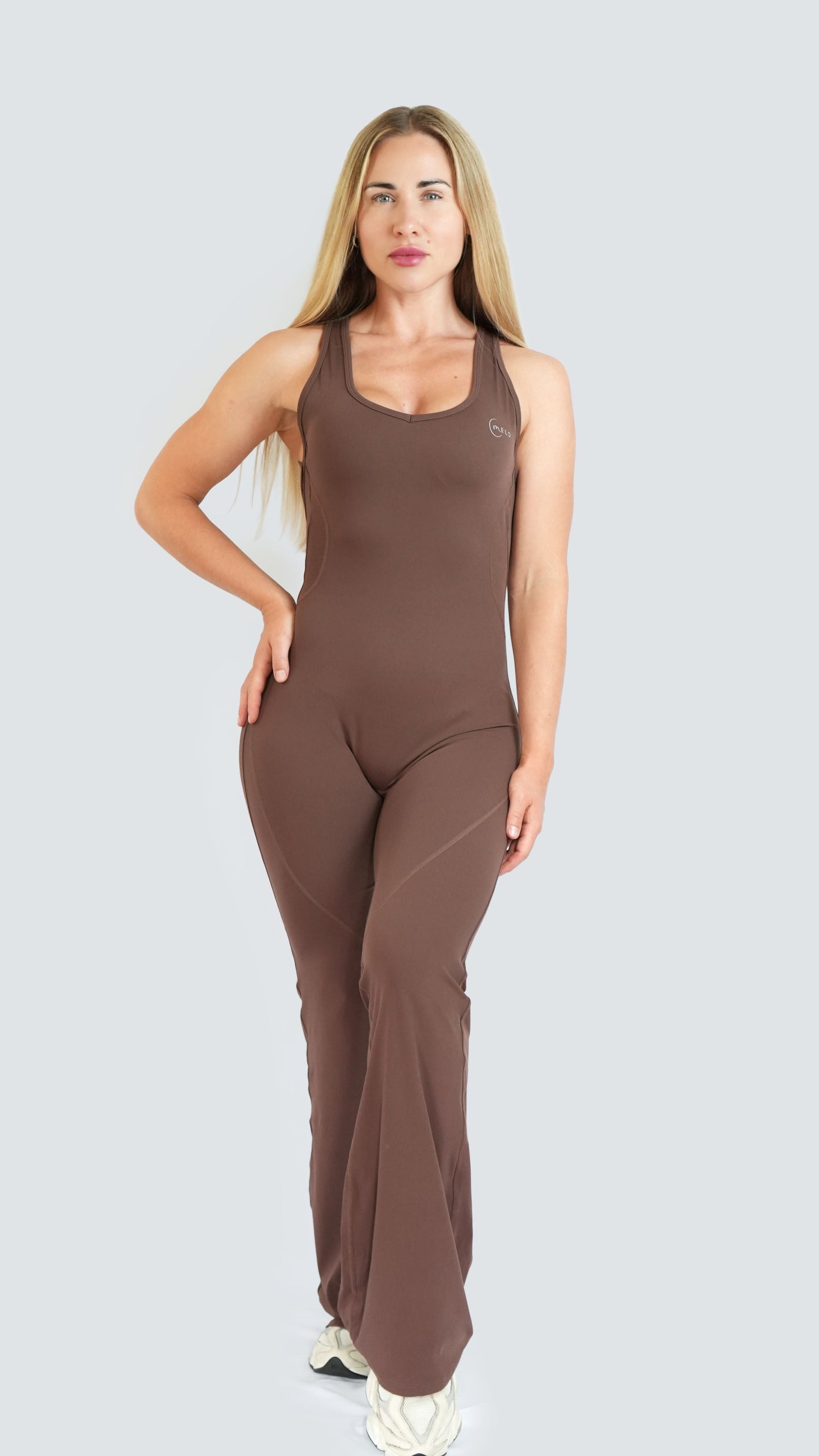 Cocoa Earth ContourFlow Jumpsuit - Flared-Leg One-Piece, activewear for yoga and Pilates - MELO Studio