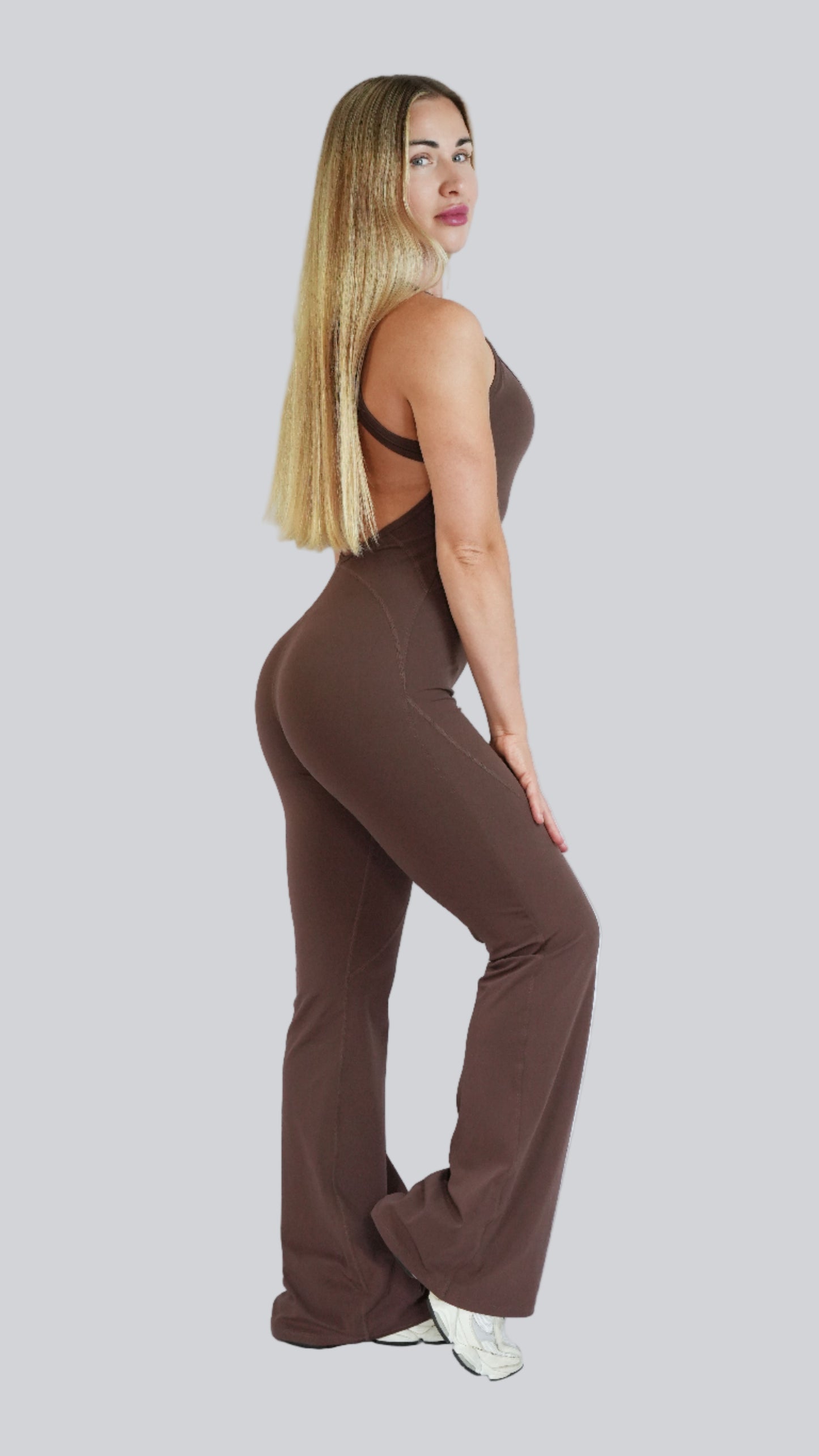 Cocoa Earth ContourFlow Jumpsuit – Flared-Leg One-Piece, activewear for yoga and Pilates – MELO Studio