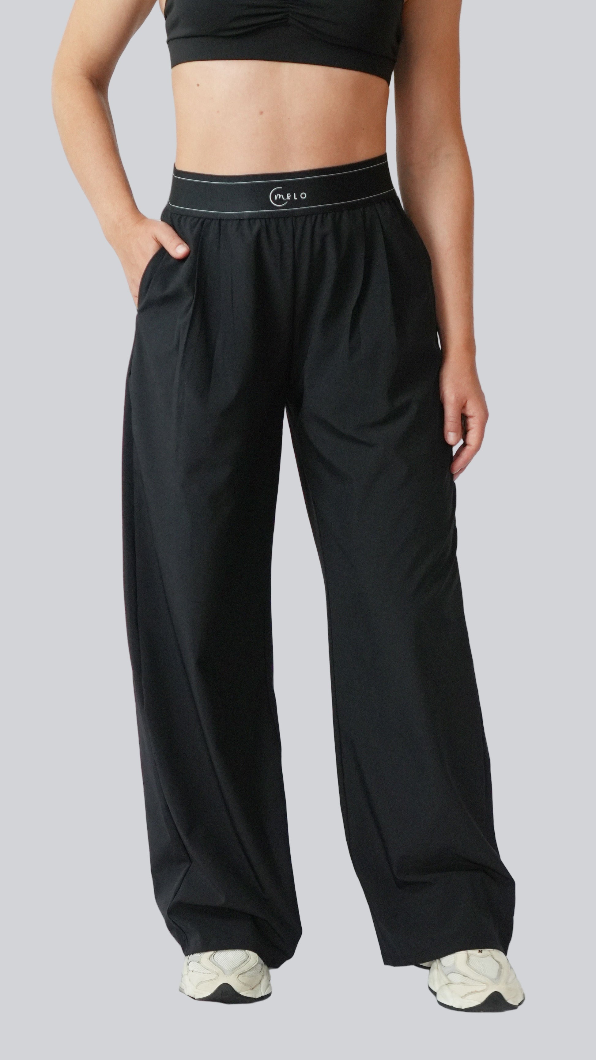 Black wide-leg AirWeight pants with relaxed straight-leg fit – MELO Studio