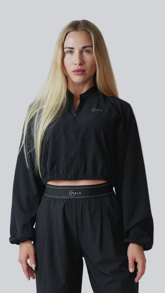 Black LightLayer Zip Jacket, lightweight cropped zip-front activewear – MELO Studio