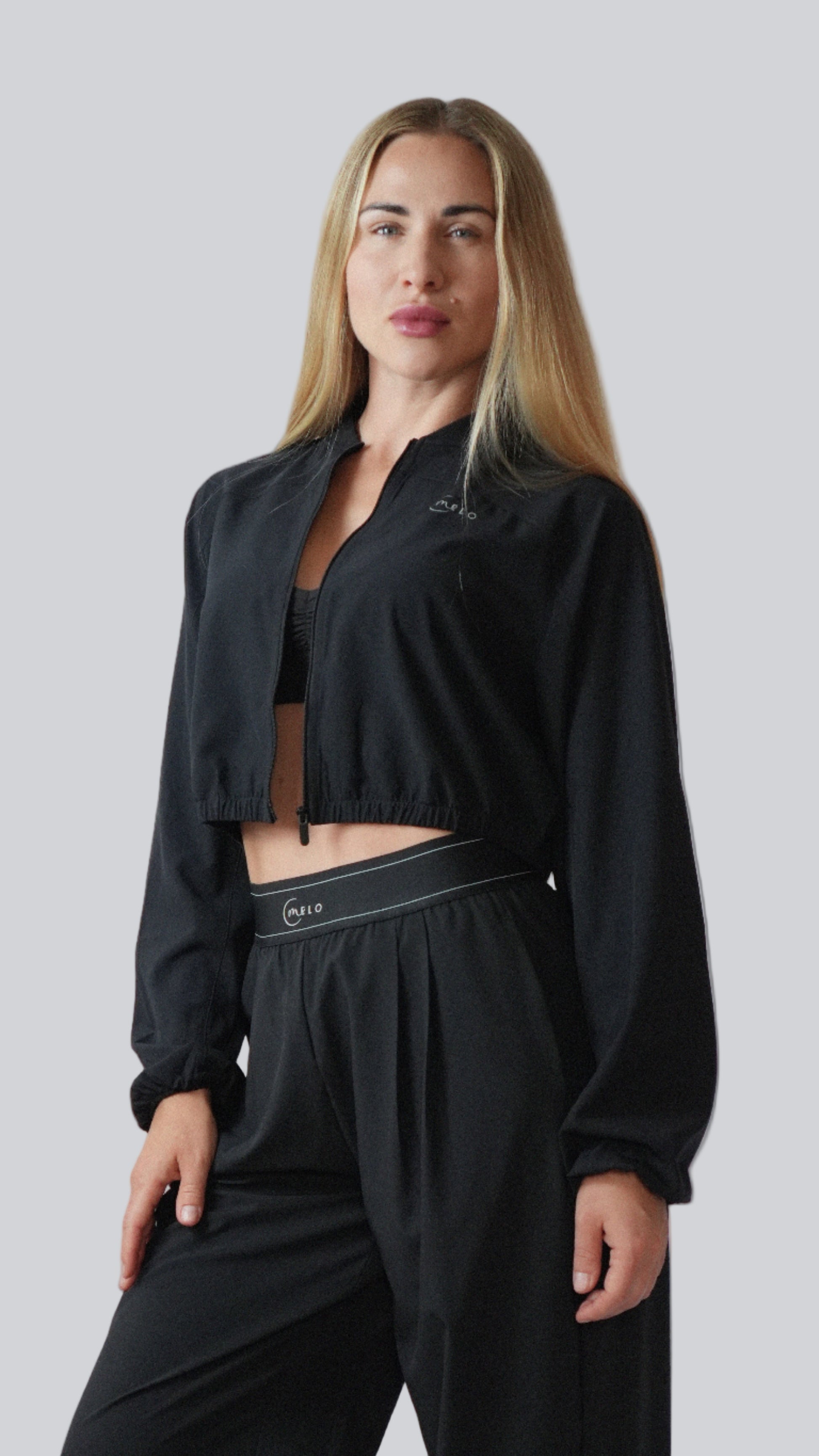 Black LightLayer Zip Jacket, lightweight cropped zip-front activewear – MELO Studio