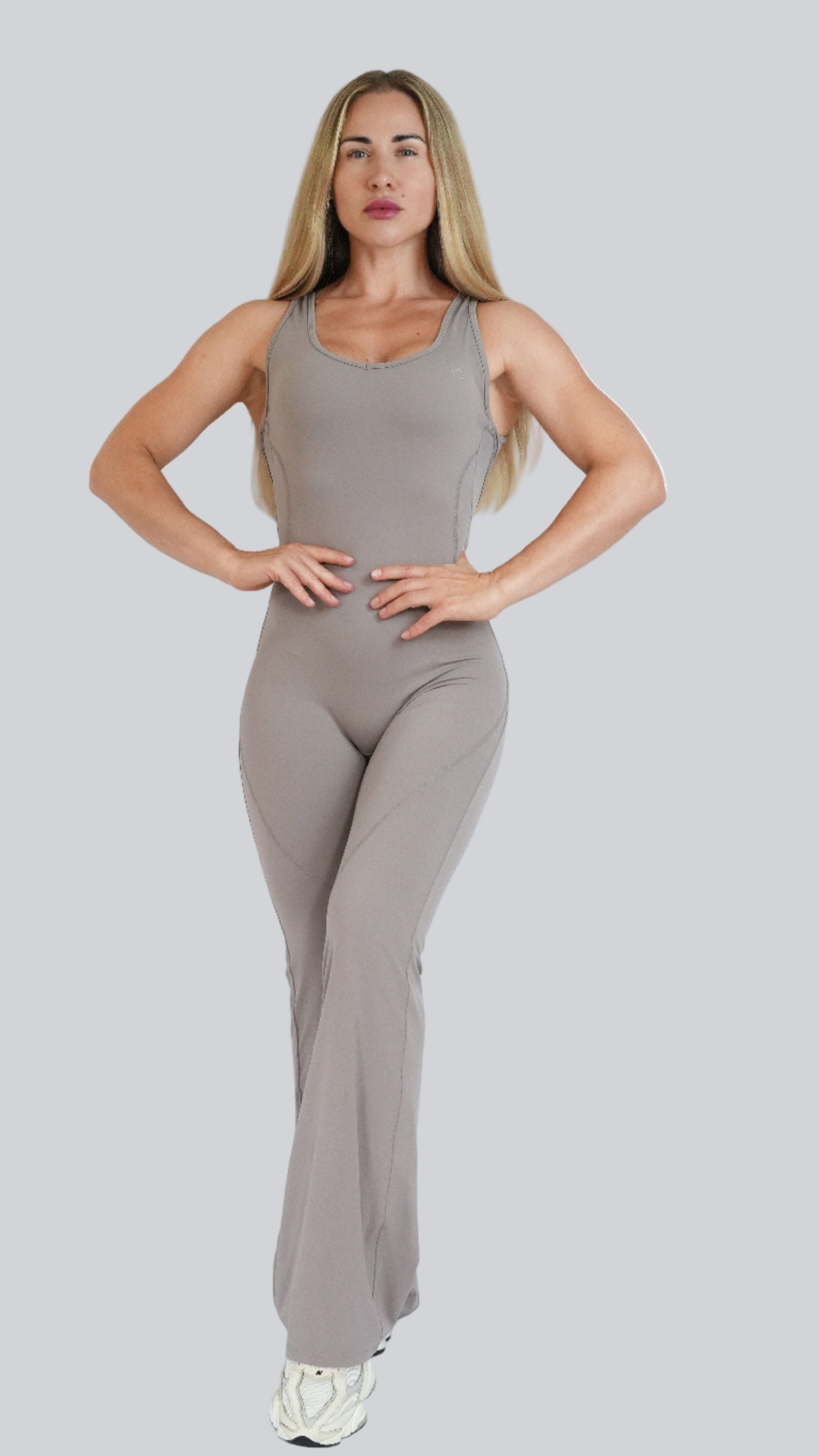 Stone Mist ContourFlow Jumpsuit - Flared-Leg One-Piece, activewear for yoga and Pilates - MELO Studio