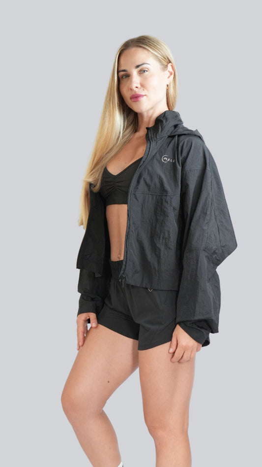 Jet Black Lightweight Rain Jacket - Nylon Shell by MELO Studio, activewear   -  MELO Studio